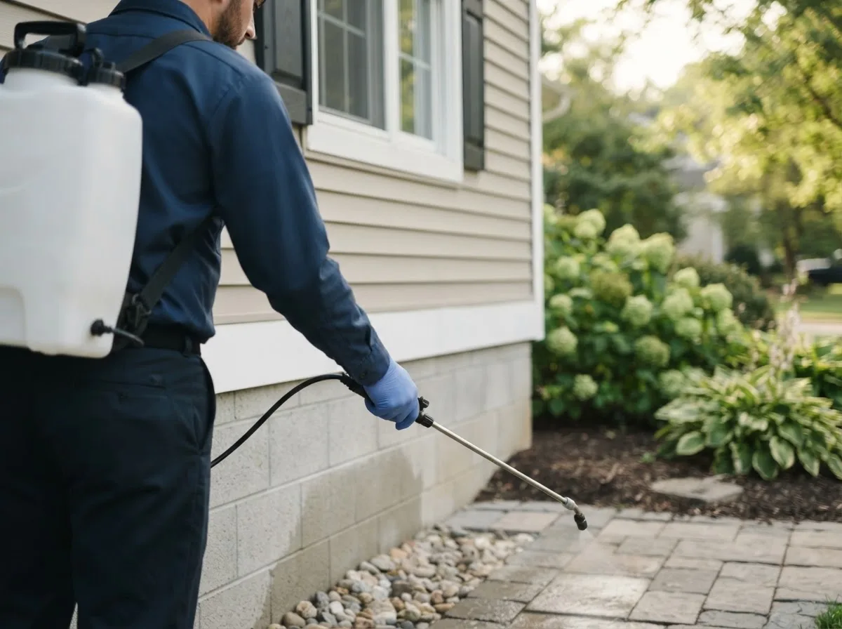 Pest control technician inspecting a home in Thompson, MO